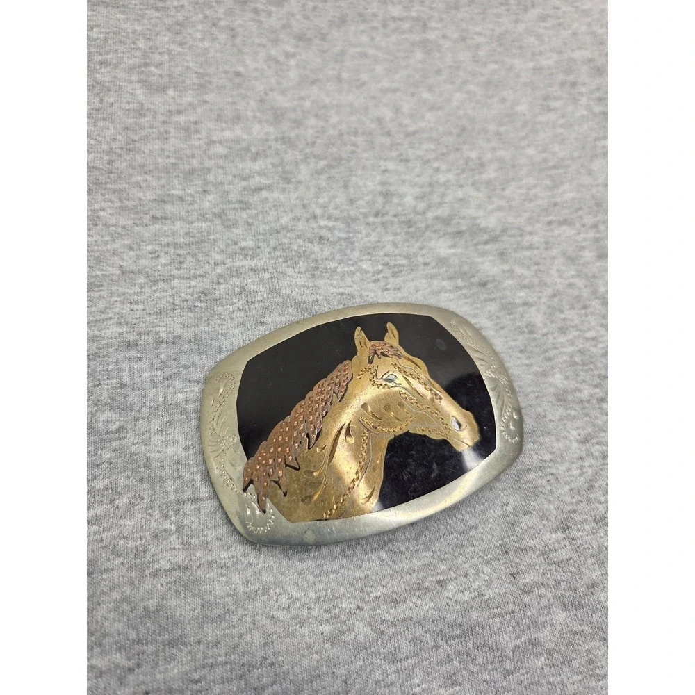 Vintage German Silver Black Enamel Brass Inlay Stallion Horse Belt Buckle